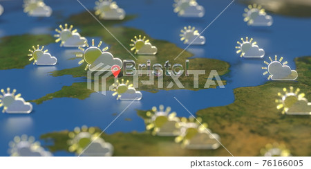 Partly cloudy weather icons near Bristol city on the map, weather forecast related 3D rendering Partly cloudy weather icons near Bristol city on the map, weather forecast related 3D rendering 76166005