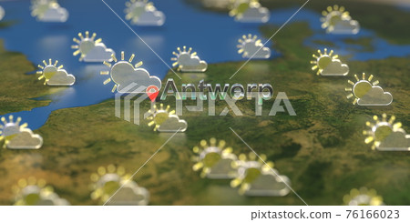 Partly cloudy weather icons near Antwerp city on the map, weather forecast related 3D rendering 76166023