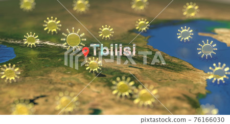 Tbilisi city and sunny weather icon on the map, weather forecast related 3D rendering 76166030