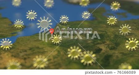 Sunny weather icons near Antwerp city on the map, weather forecast related 3D rendering 76166089
