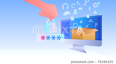 hand entering password computer app protection shield with padlock data privacy security protection concept 76166105