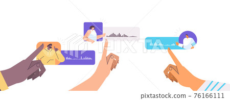 mix race people communicating by voice messages audio chat application social media online communication concept 76166111