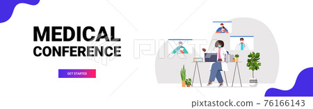 team of mix race doctors discussing during video call virtual medical conference covid-19 pandemic self isolation 76166143