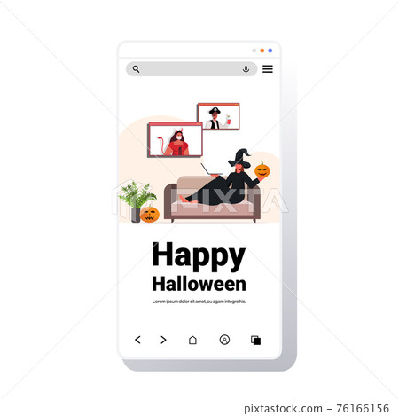 happy halloween holiday celebration woman in witch costume discussing with friends during video call happy halloween holiday celebration woman in witch costume discussing with friends during video call 76166156