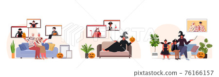set people in different costumes discussing with friends during video call happy halloween holiday celebration set people in different costumes discussing with friends during video call happy halloween holiday celebration 76166157