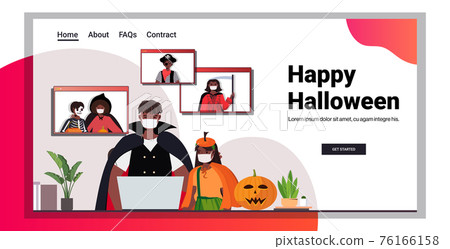 happy halloween holiday celebration concept people in costumes discussing with friends during video call happy halloween holiday celebration concept people in costumes discussing with friends during video call 76166158
