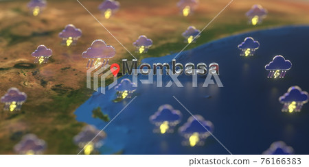Stormy weather icons near Mombasa city on the map, weather forecast related 3D rendering Stormy weather icons near Mombasa city on the map, weather forecast related 3D rendering 76166383