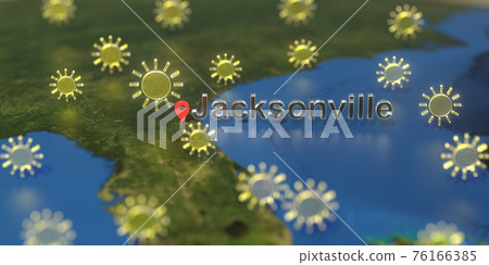 Sunny weather icons near Jacksonville city on the map, weather forecast related 3D rendering Sunny weather icons near Jacksonville city on the map, weather forecast related 3D rendering 76166385