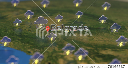 Stormy weather icons near Belgrade city on the map, weather forecast related 3D rendering Stormy weather icons near Belgrade city on the map, weather forecast related 3D rendering 76166387