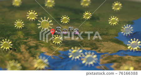 Sunny weather icons near Sofia city on the map, weather forecast related 3D rendering Sunny weather icons near Sofia city on the map, weather forecast related 3D rendering 76166388