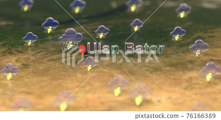 Stormy weather icons near Ulan Bator city on the map, weather forecast related 3D rendering Stormy weather icons near Ulan Bator city on the map, weather forecast related 3D rendering 76166389