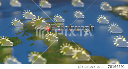 Partly cloudy weather icons near Edinburgh city on the map, weather forecast related 3D rendering Partly cloudy weather icons near Edinburgh city on the map, weather forecast related 3D rendering 76166391