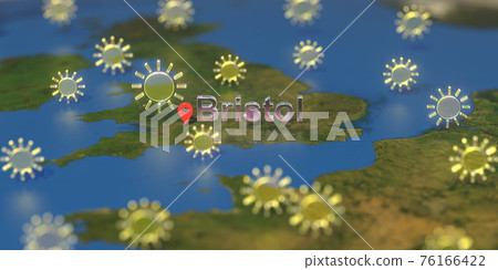 Sunny weather icons near Bristol city on the map, weather forecast related 3D rendering Sunny weather icons near Bristol city on the map, weather forecast related 3D rendering 76166422
