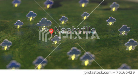 Stormy weather icons near Nashville city on the map, weather forecast related 3D rendering Stormy weather icons near Nashville city on the map, weather forecast related 3D rendering 76166429
