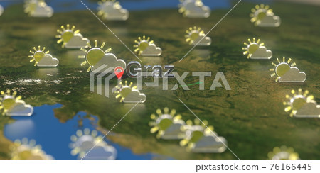 Partly cloudy weather icons near Graz city on the map, weather forecast related 3D rendering 76166445