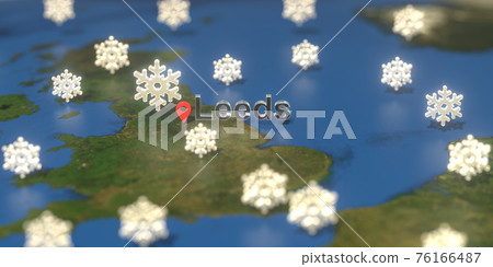 Leeds city and snowy weather icon on the map, weather forecast related 3D rendering 76166487