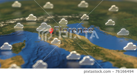 Cloudy weather icons near Florence city on the map, weather forecast related 3D rendering Cloudy weather icons near Florence city on the map, weather forecast related 3D rendering 76166494