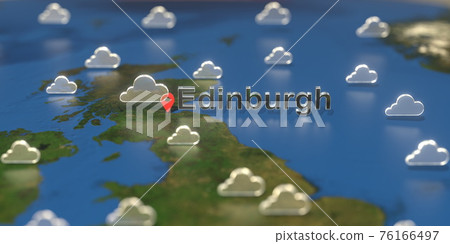 Cloudy weather icons near Edinburgh city on the map, weather forecast related 3D rendering 76166497