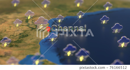 Chennai city and stormy weather icon on the map, weather forecast related 3D rendering Chennai city and stormy weather icon on the map, weather forecast related 3D rendering 76166512