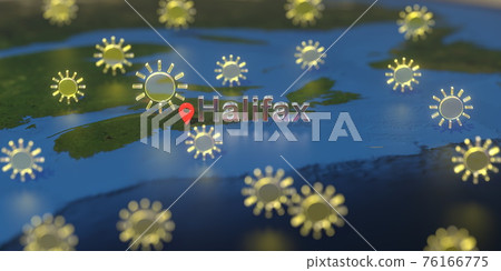 Sunny weather icons near Halifax city on the map, weather forecast related 3D rendering Sunny weather icons near Halifax city on the map, weather forecast related 3D rendering 76166775