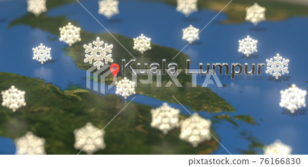 Snowy weather icons near Kuala lumpur city on the map, weather forecast related 3D rendering 76166830