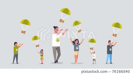 people catching cannabis parcel box falling down with parachute from sky marijuana air mail express delivery drug consumption concept full length flat horizontal 76166840