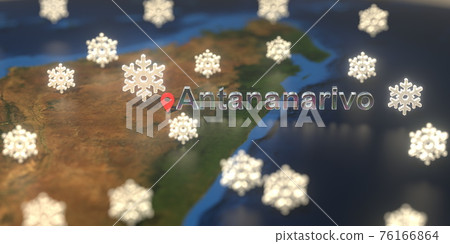 Antananarivo city and snowy weather icon on the map, weather forecast related 3D rendering 76166864