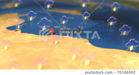 Tripoli city and stormy weather icon on the map, weather forecast related 3D rendering 76166902
