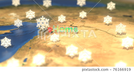Snowy weather icons near Homs city on the map, weather forecast related 3D rendering Snowy weather icons near Homs city on the map, weather forecast related 3D rendering 76166919
