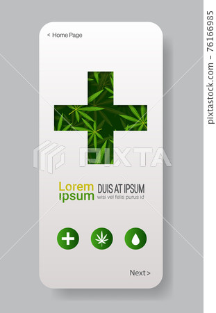 green cross medical marijuana leaves cannabis therapy healthcare medicine concept copy space vertical smartphone screen mobile app flat 76166985