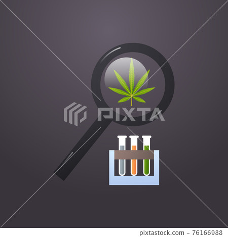 cannabis under magnifying glass test tubes with cbd oil in chemistry lab experiment medical marijuana drug consumption concept flat cannabis under magnifying glass test tubes with cbd oil in chemistry lab experiment medical marijuana drug consumption concept flat 76166988