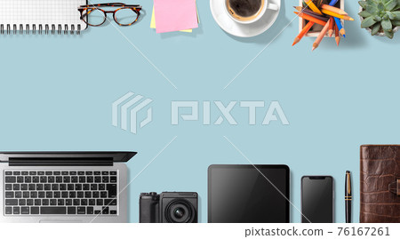 Lined up business tools such as smartphones, laptops and tablets. Lined up business tools such as smartphones, laptops and tablets. 76167261