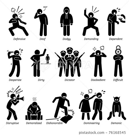 Negative Personalities Character Traits. Stick Figures Man Icons. Starting with the Alphabet D.  76168545