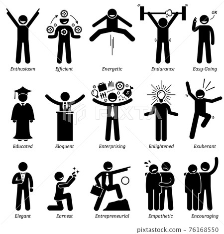 Positive Personalities Character Traits. Stick Figures Man Icons. Starting with the Alphabet E.  76168550