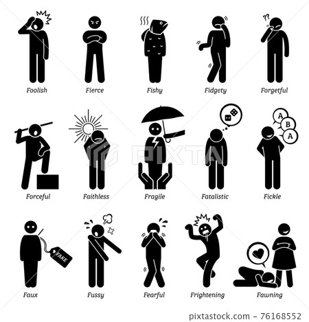Negative Personalities Character Traits. Stick Figures Man Icons. Starting with the Alphabet F.  76168552