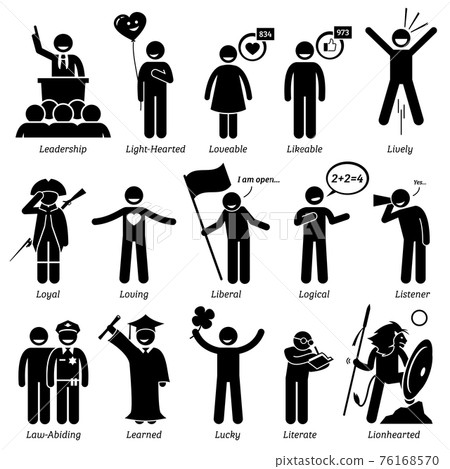 Positive Personalities Character Traits. Stick Figures Man Icons. Starting with the Alphabet L.  76168570