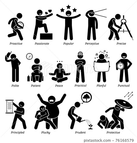 Positive Personalities Character Traits. Stick Figures Man Icons. Starting with the Alphabet P.  76168579