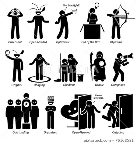 Positive Personalities Character Traits. Stick Figures Man Icons. Starting with the Alphabet O.  76168581