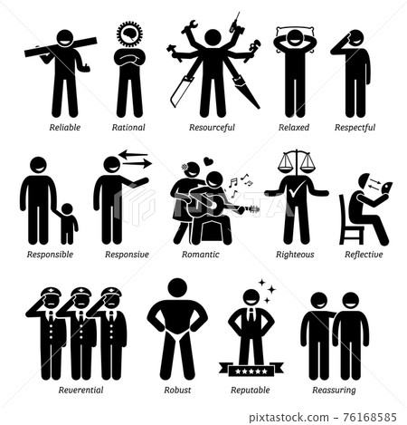 Positive Personalities Character Traits. Stick Figures Man Icons. Starting with the Alphabet R.  76168585