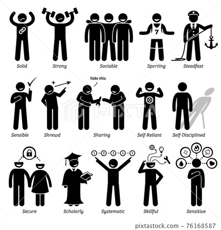 Positive Personalities Character Traits. Stick Figures Man Icons. Starting with the Alphabet S.  76168587