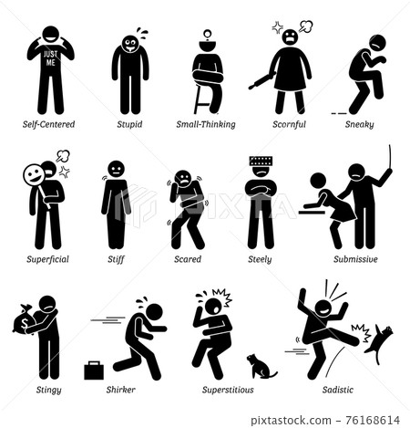 Negative Personalities Character Traits. Stick Figures Man Icons. Starting with the Alphabet S.  76168614