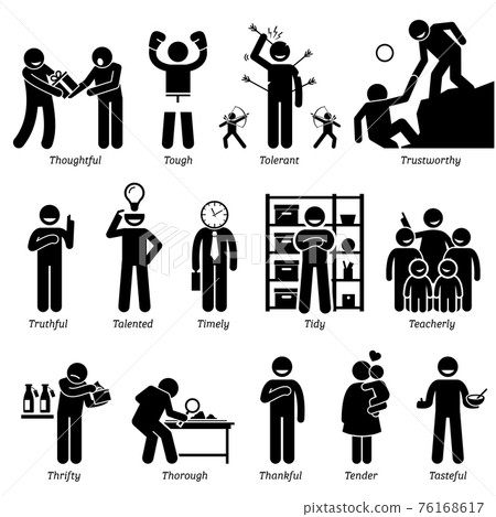 Positive Personalities Character Traits. Stick Figures Man Icons. Starting with the Alphabet T.  76168617