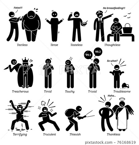 Negative Personalities Character Traits. Stick Figures Man Icons. Starting with the Alphabet T.  76168619