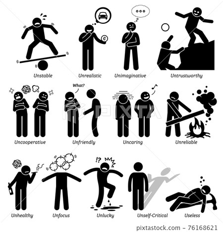 Negative Personalities Character Traits. Stick Figures Man Icons. Starting with the Alphabet U.  76168621