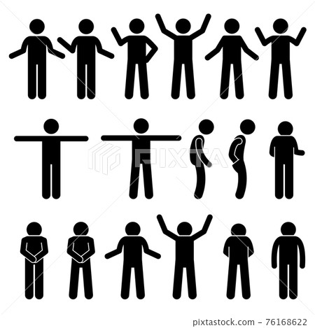 Various Body Gestures Hand Signals Human Man People Stick Figure Stickman Pictogram Icons. Stickman person posing in various standing postures. Various Body Gestures Hand Signals Human Man People Stick Figure Stickman Pictogram Icons. Stickman person posing in various standing postures. 76168622