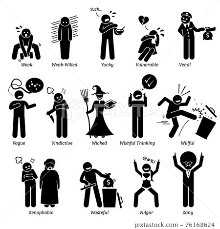 Negative Personalities Character Traits. Stick Figures Man Icons. Starting with the Alphabet V, W, X, Y, and Z.  76168624