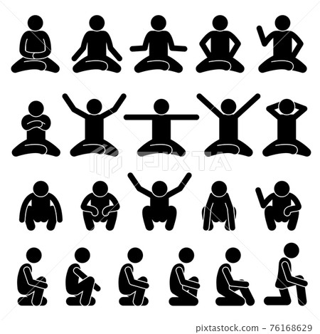 Human Man People Sitting and Squatting on the Floor Poses Postures Stick Figure Stickman Pictogram Icons. Stickman person posing in various sitting, meditating, and squatting postures. 76168629