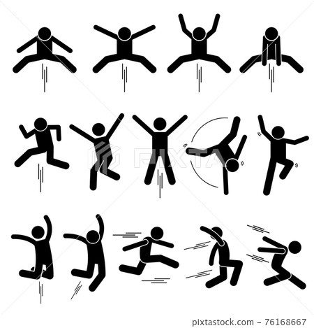 Various Jumper Human Man People Jumping Stick Figure Stickman Pictogram Icons. Stickman person posing in various jumping postures. 76168667
