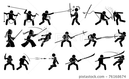 Man attacking opponent with traditional Japanese melee fighting weapons. These weapons include kusarigama, kendo, magari yari, kunai, and glaive. Man attacking opponent with traditional Japanese melee fighting weapons. These weapons include kusarigama, kendo, magari yari, kunai, and glaive. 76168674