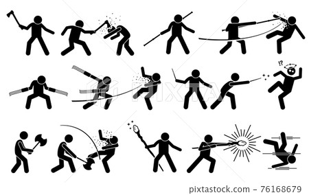Man using medieval war weapons to attack and fight. Ancient traditional weapons are axes, staff, claw, magic wand, battle axes, and wizard staff. It also shows the victim being killed by the weapons. 76168679